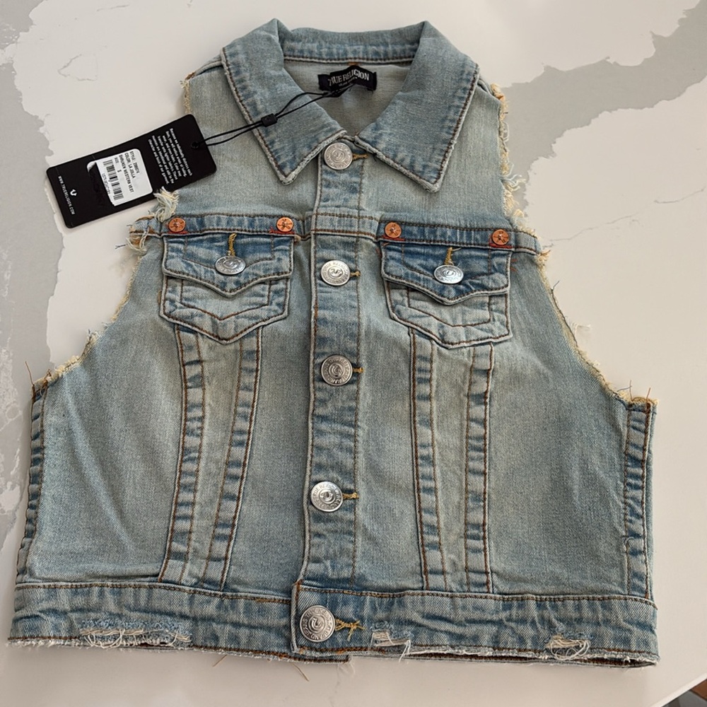 True Religion denim Blue vest cropped distressed NWT S - Picture 4 of 11